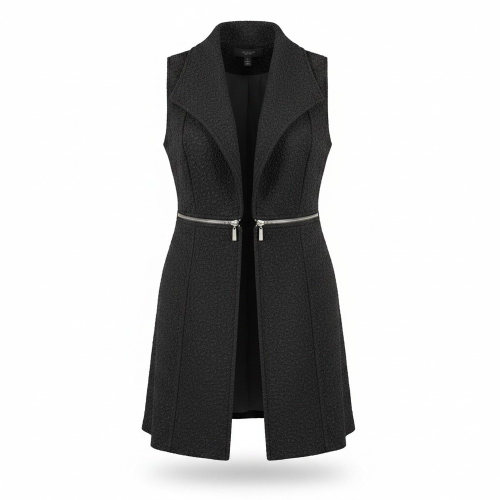 Jones New York Petite Black Boucle Longline Vest Zipper Y2K Sleeveless Jacket